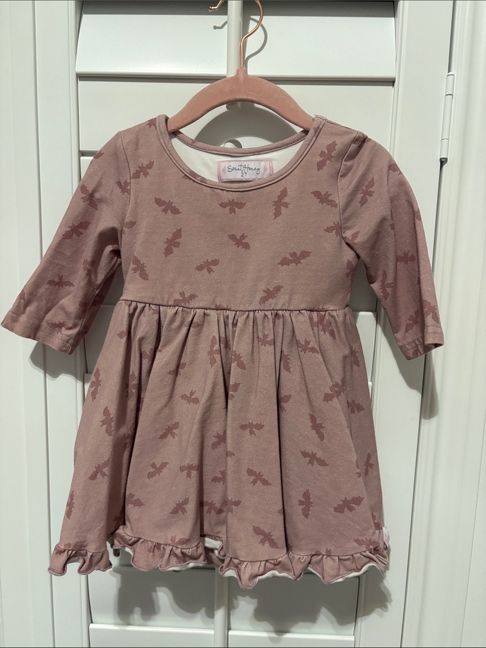 Sweet Honey Halloween Bat Print Pink Long Sleeve Dress Ruffle Hem Twirl Dress 2t